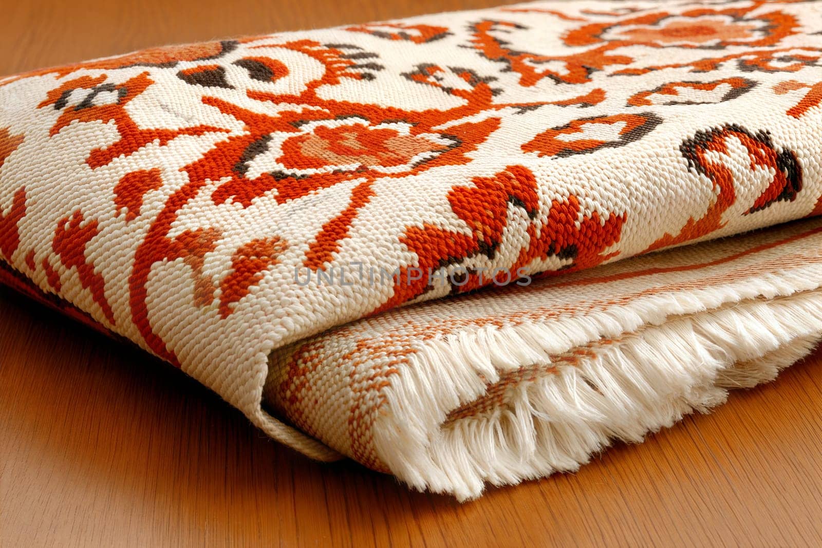 A beautifully folded vintage rug with an orange and white floral pattern, showcasing detailed craftsmanship and fringed edges, placed on a wooden surface.