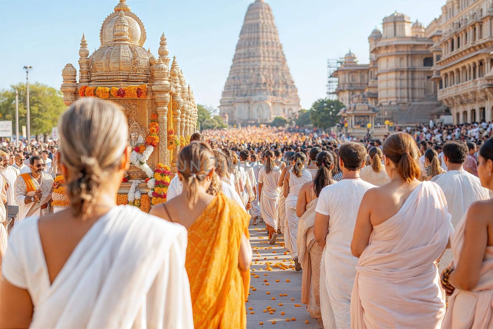 A vibrant procession of people in white and saffron robes during the Rath Yatra festival, walking in front of a grand temple, celebrating cultural and spiritual traditions with a flower-strewn path