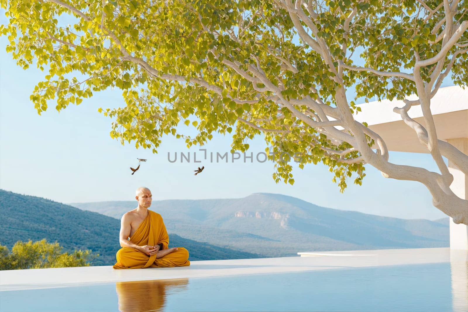 A serene scene of a Jain monk meditating under a large tree with birds flying in the peaceful, lush green nature, capturing tranquility and spirituality.