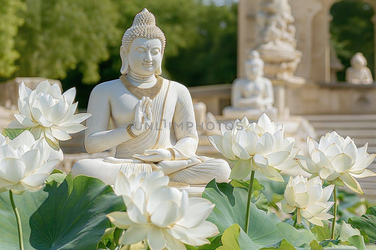 A serene white Buddha statue in a peaceful garden, surrounded by beautiful white lotus flowers, symbolizing calm and spiritual enlightenment.