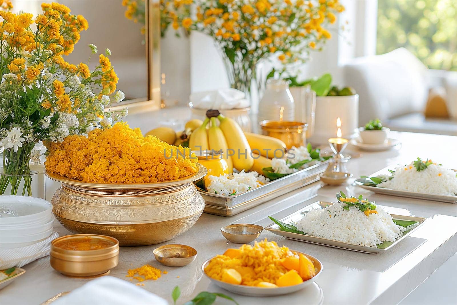 A vibrant Vishu celebration setup featuring yellow marigold flowers, aromatic rice, bananas, and traditional dishes arranged elegantly on a table.