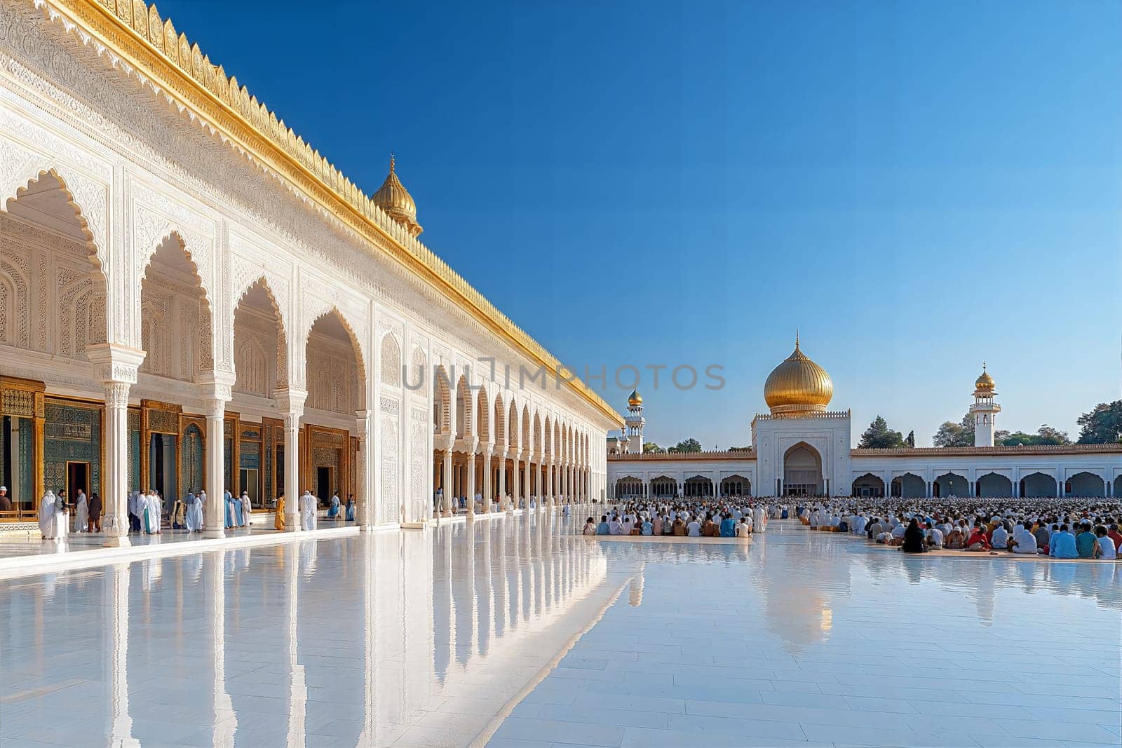 A peaceful temple scene with a golden dome, reflecting the devotion of the crowd gathered for prayers in the serene courtyard.