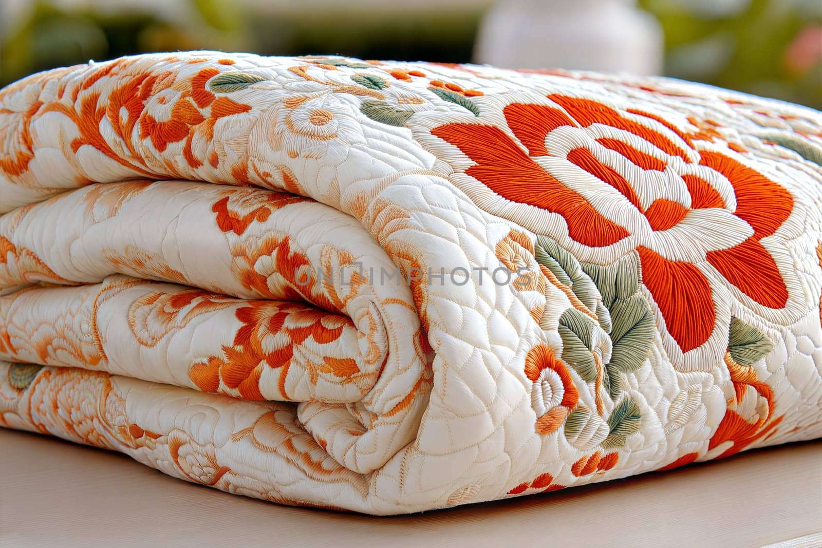 A beautifully folded vintage rug with an orange and white floral pattern, showcasing detailed craftsmanship and fringed edges, placed on a wooden surface.