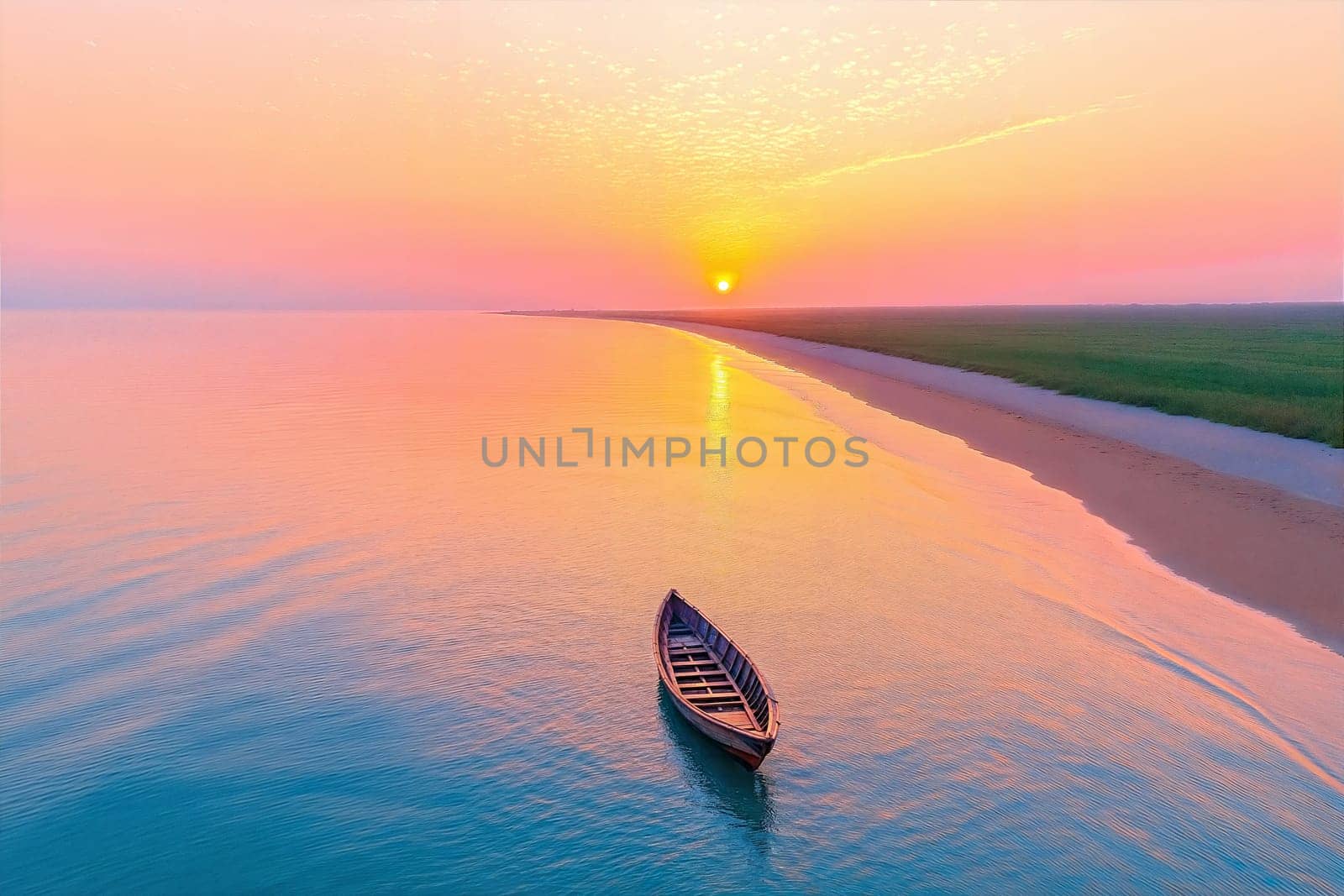 A lone boat floats on calm water during a vibrant sunset, with soft pastel skies and a peaceful coastal scene, capturing serenity and tranquility.