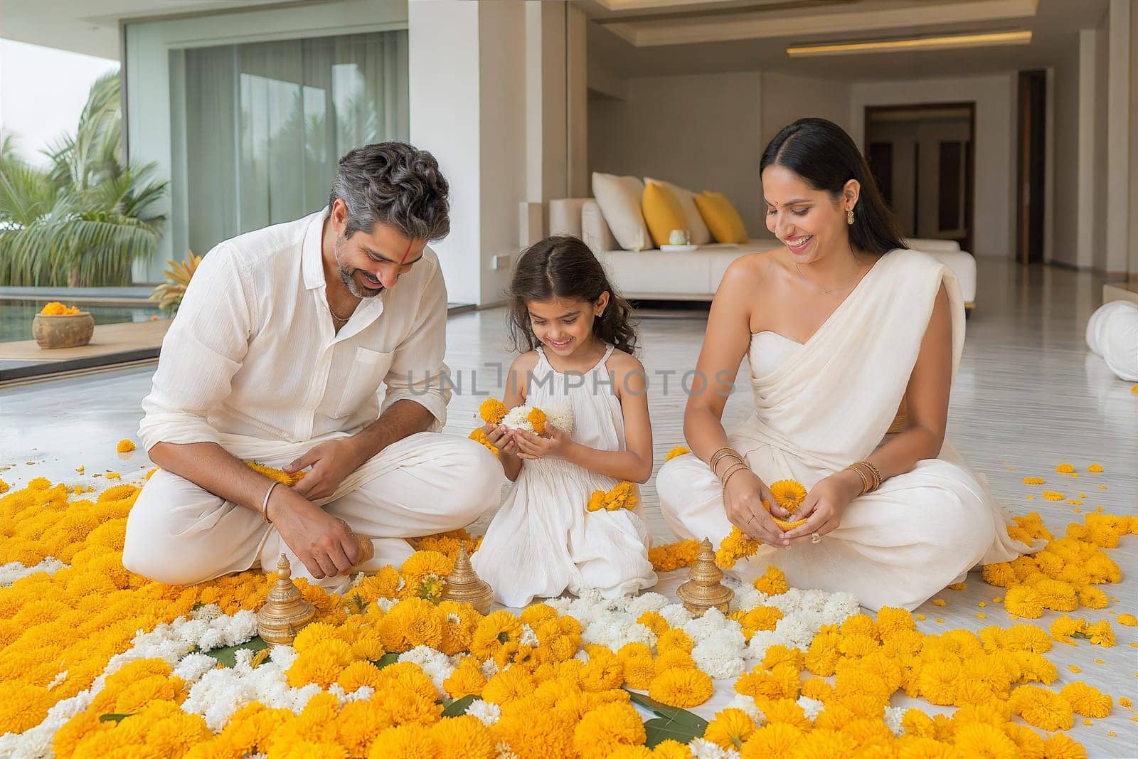 A joyful family, dressed in traditional attire, creates a flower arrangement with marigolds in their home, celebrating a cultural or religious occasion.