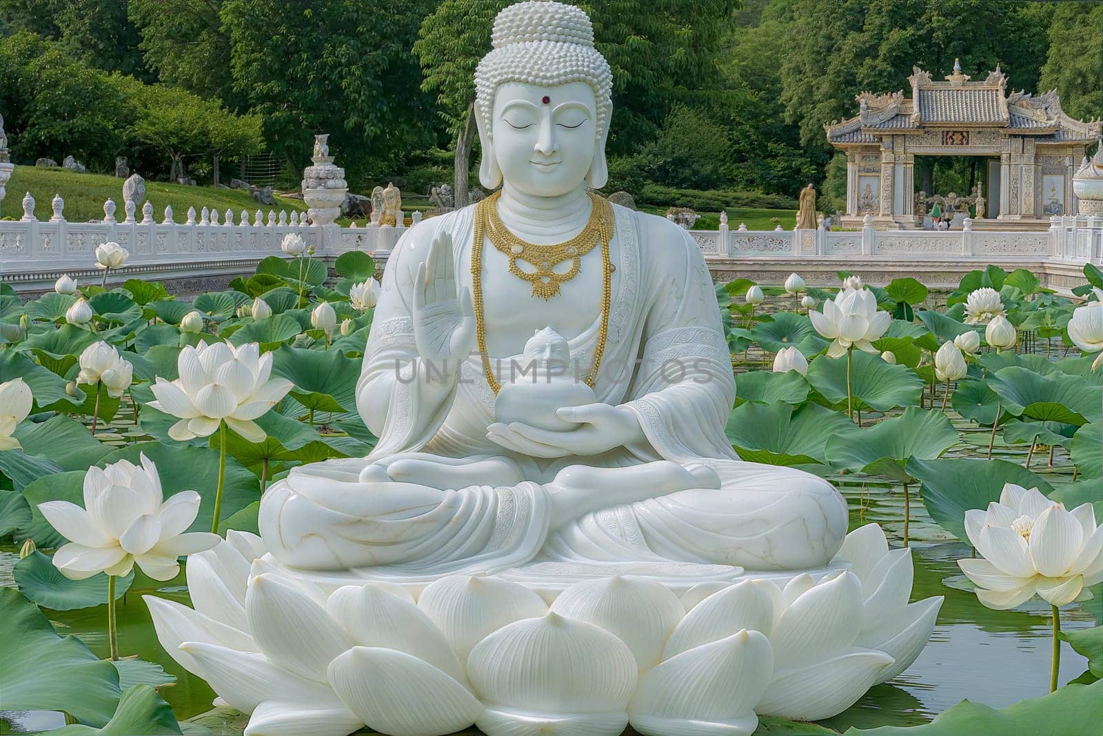 A peaceful scene featuring two large white Buddha statues surrounded by blooming white lotus flowers in clear water, symbolizing tranquility and enlightenment in a beautiful temple setting.