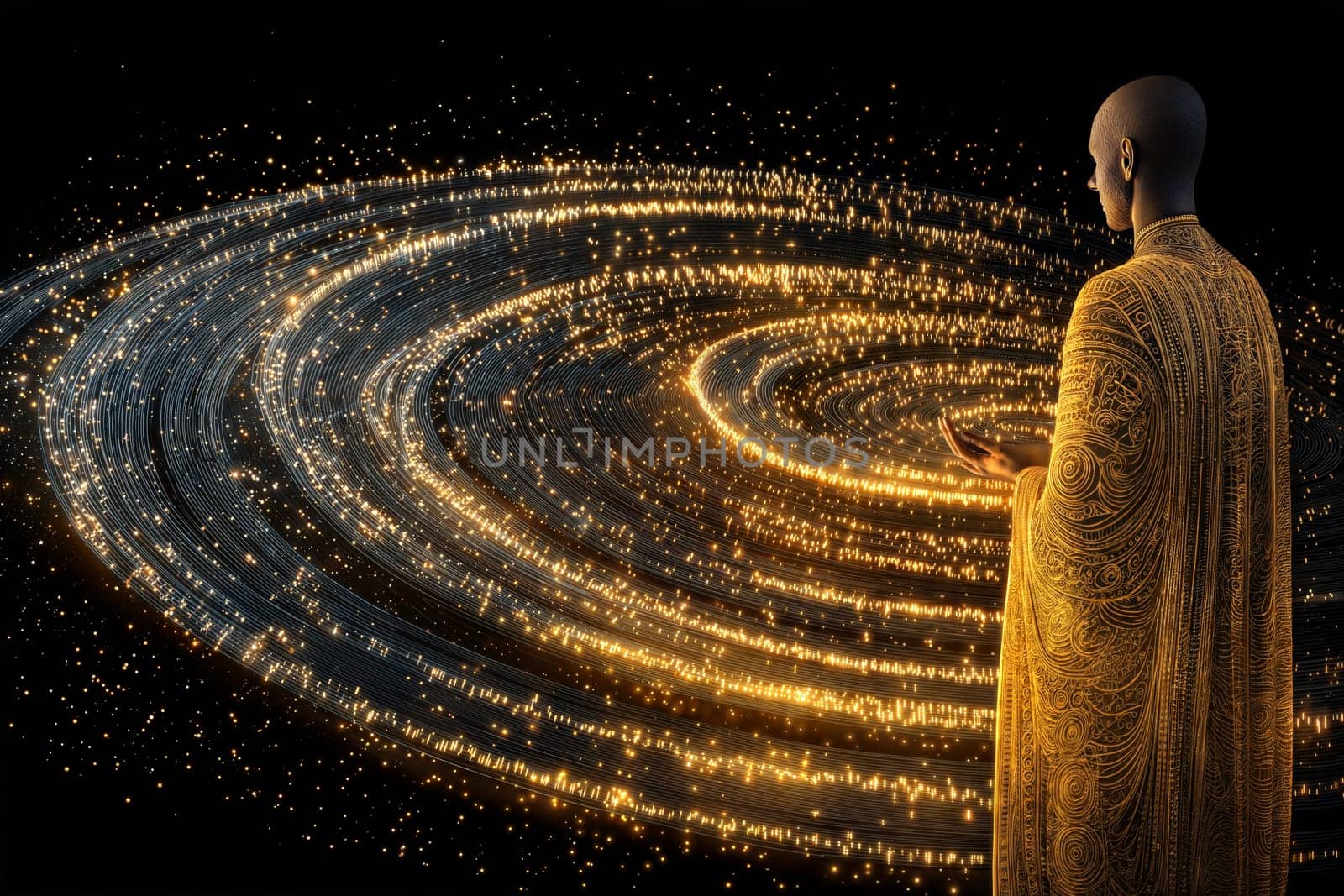 A detailed illustration of a figure with a glowing robe creating a spiral of golden stars in the cosmos, symbolizing the power of the universe and divine energy.