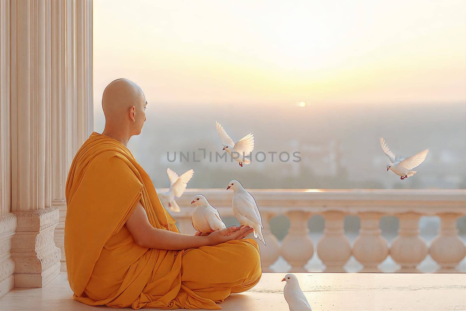 A peaceful image of a monk in yellow robes meditating with white doves flying around him during a serene sunrise.