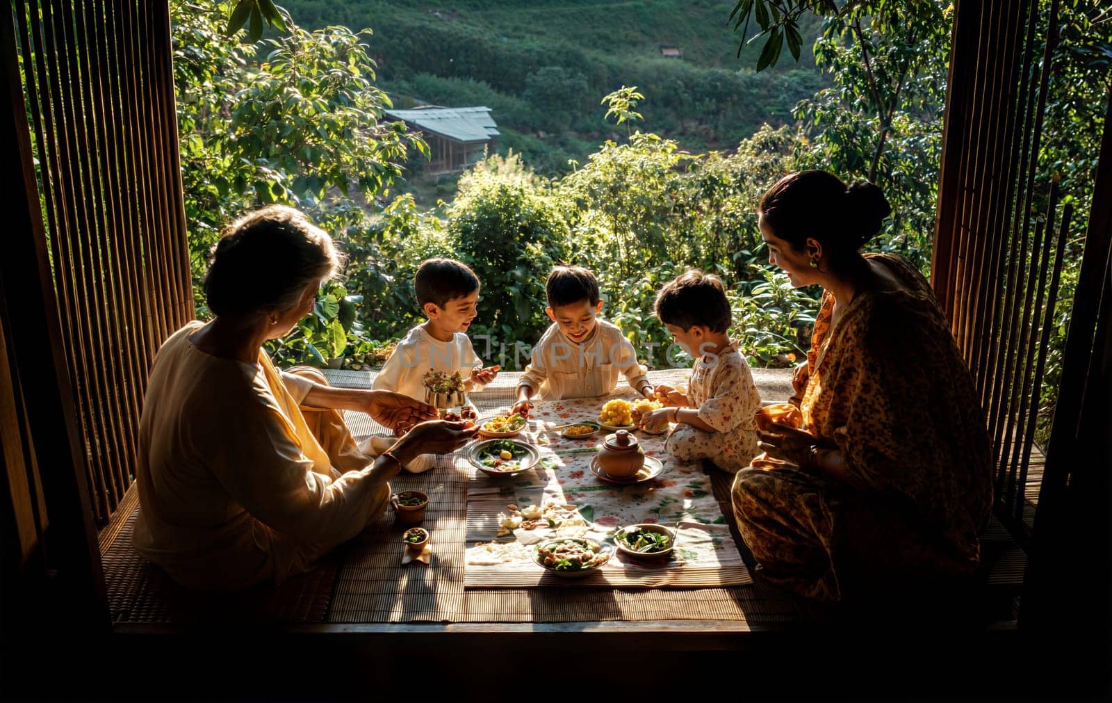 A joyful family enjoying a traditional meal together, surrounded by nature, with children playing and smiling. A cozy, heartwarming scene with fresh, healthy food and beautiful surroundings.