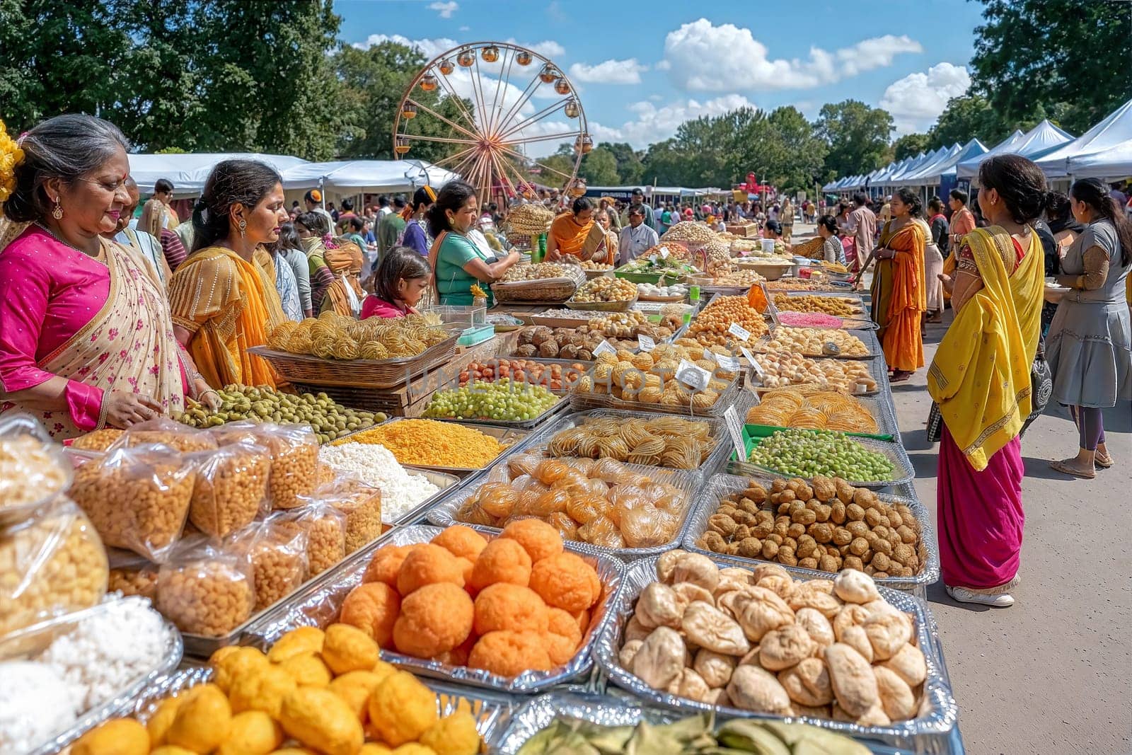A vibrant Baisakhi fair scene featuring stalls filled with a variety of traditional Indian sweets, snacks, fruits, and festive foods, with people enjoying the celebrations.