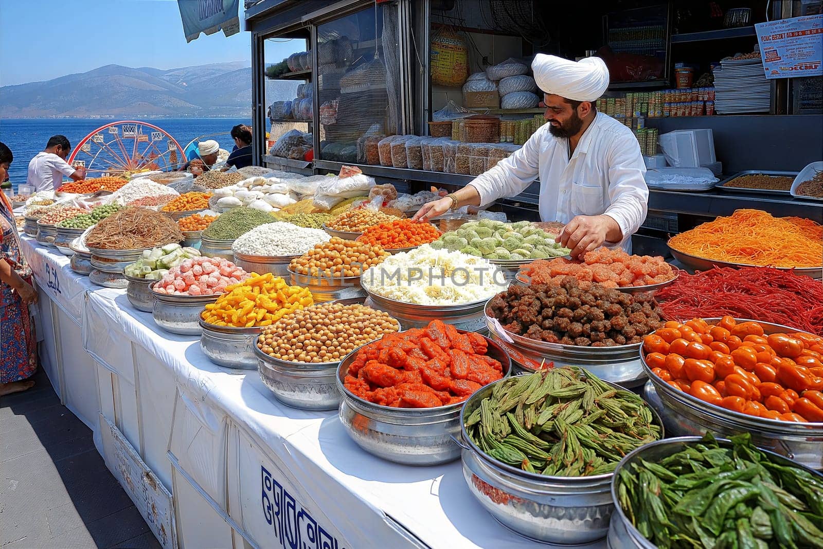 A colorful market stall at a Baisakhi festival, filled with a variety of traditional Indian sweets, snacks, and treats. Vendors display vibrant food items like fried snacks, sweets, and fruits.