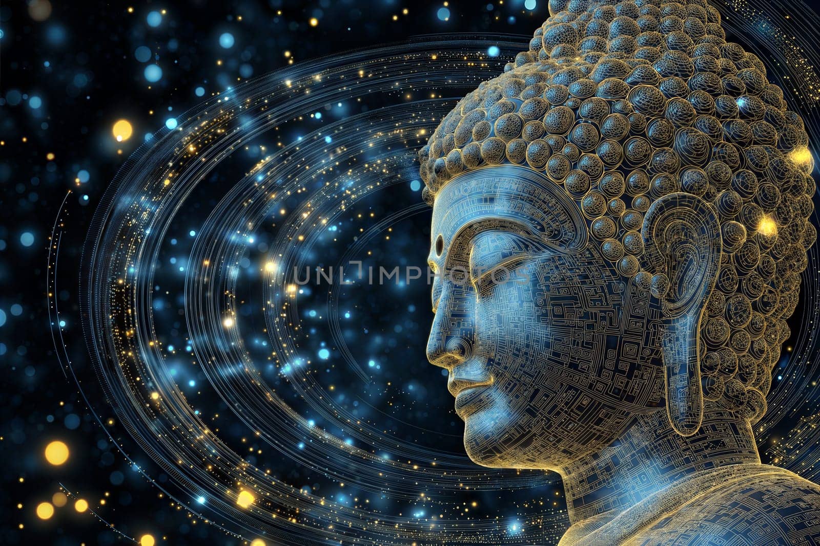 A detailed and artistic digital representation of Lord Buddha's face with glowing geometric patterns and cosmic light effects.