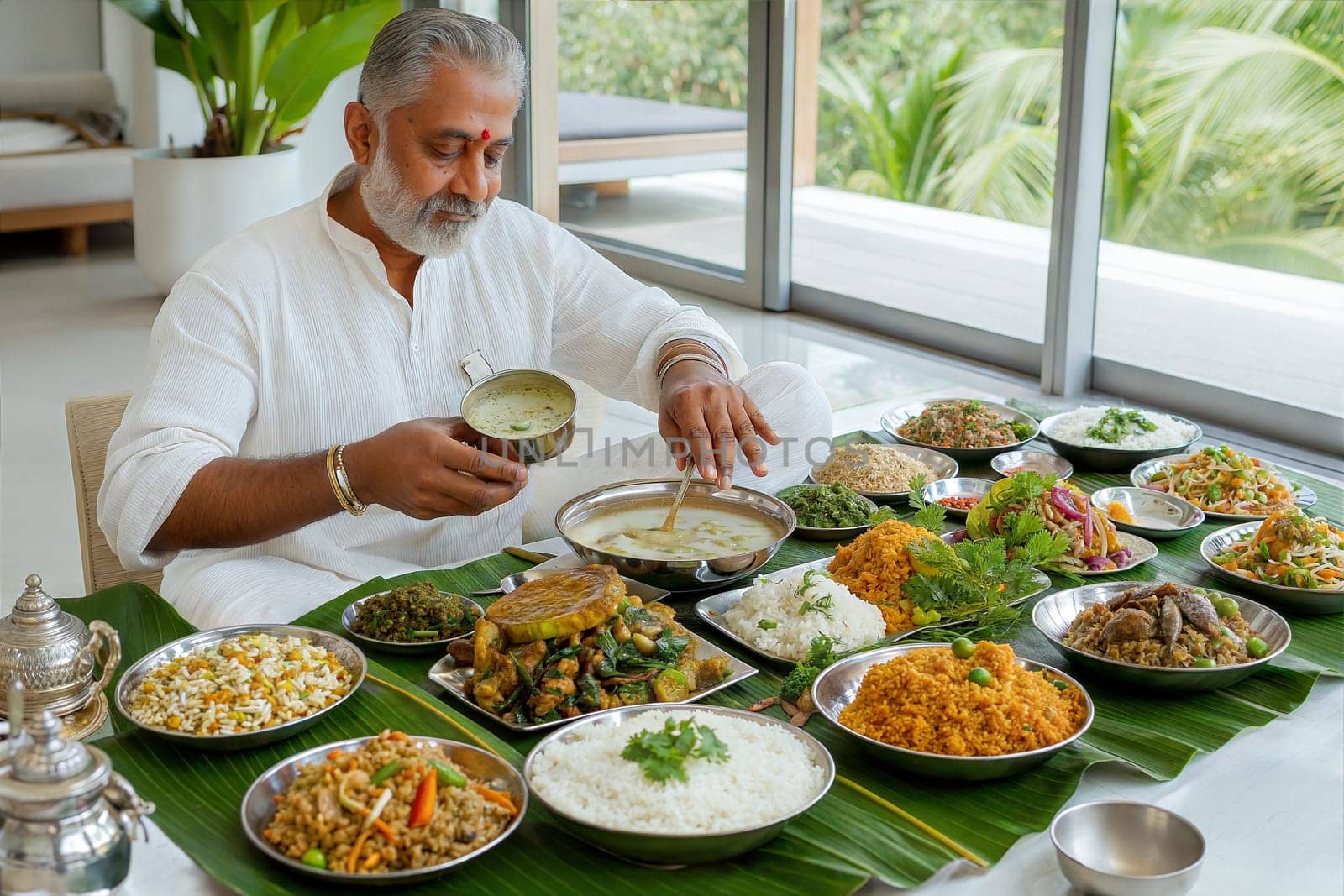 A lavish Vishu Sadya meal with a variety of delicious Indian dishes, served on banana leaves, featuring rice, curries, chutneys, and vegetables
