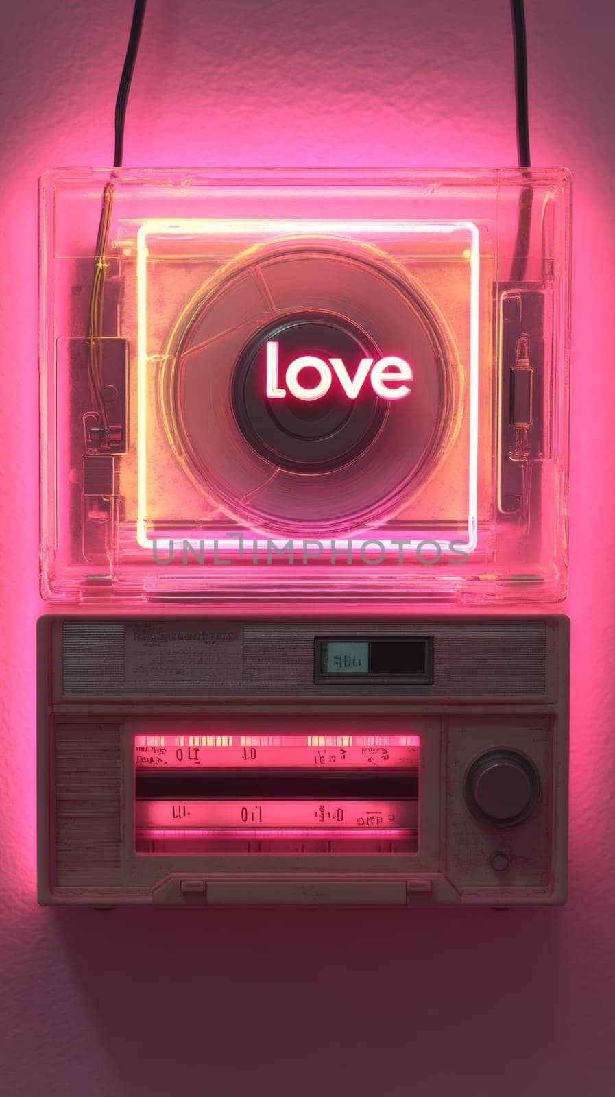 Retro-inspired image features an old-fashioned radio paired with a neon sign displaying the word 'love.' The piece is bathed in a vibrant pink light, creating a glowing effect. The vintage meets modern feel.