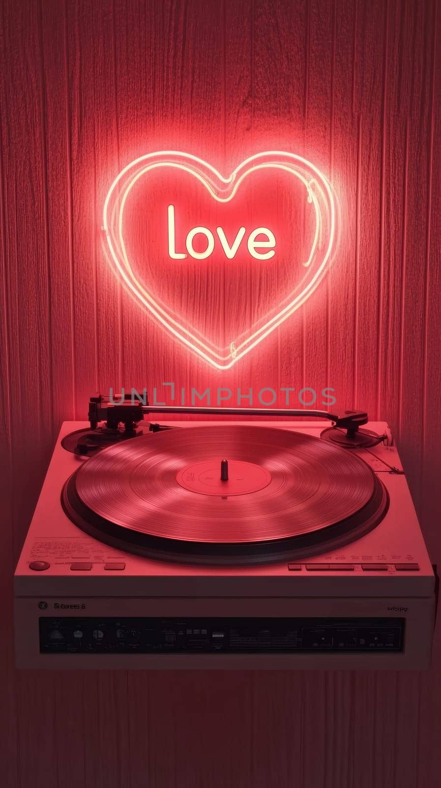 A vintage turntable takes center stage, highlighted by a luminous heart-shaped neon sign with the word 'Love.' The setup is set against a textured, wood-paneled wall. The atmosphere is intimate and warm.
