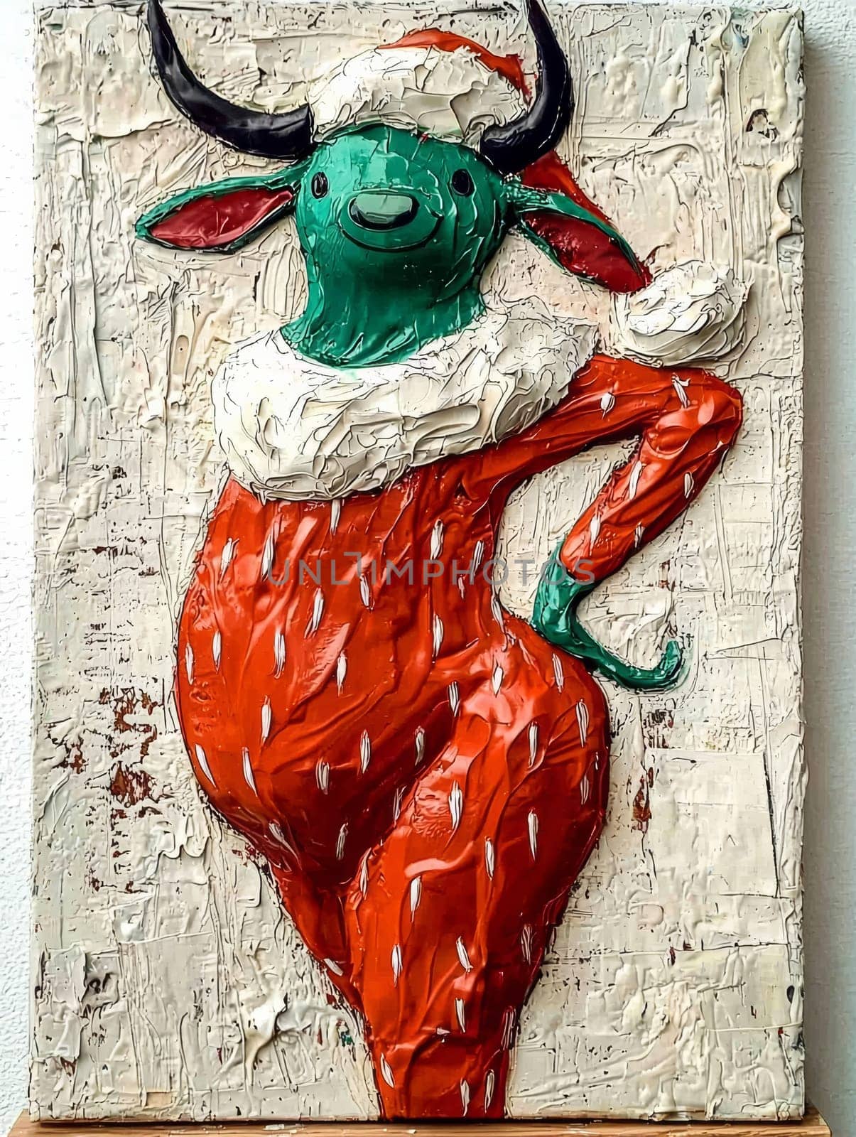 A textured artwork depicts a whimsical creature with a green face and black horns, wearing a Santa hat and orange suit. The figure is posed against a heavily textured white backdrop. The overall effect is light and festive.