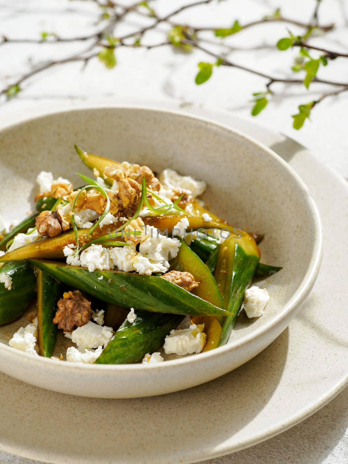 Asian Quick Pickled Cucumbers in Salad. Delicious salad with Asian style pickles cucumbers, goat cheese and walnuts nuts. Ideas and recipes for healthy breakfast, lunch or dinner. Close up