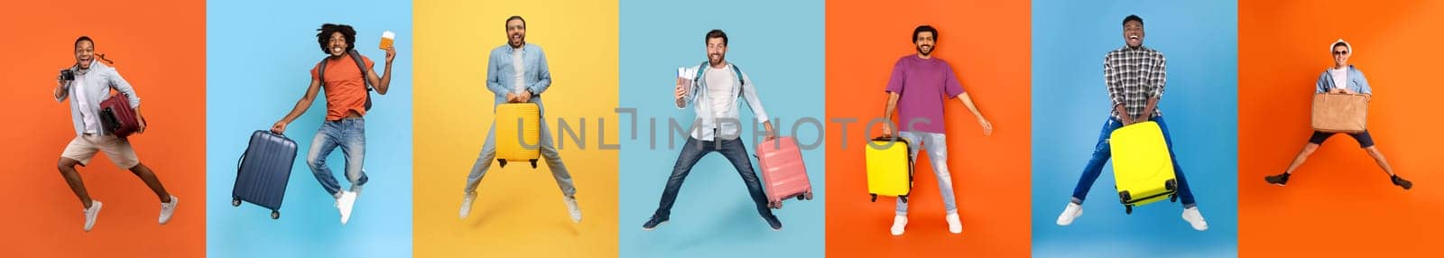 A group of diverse men joyfully jumping with their suitcases in vibrant, colorful backgrounds. They express excitement for their upcoming travels and adventures.