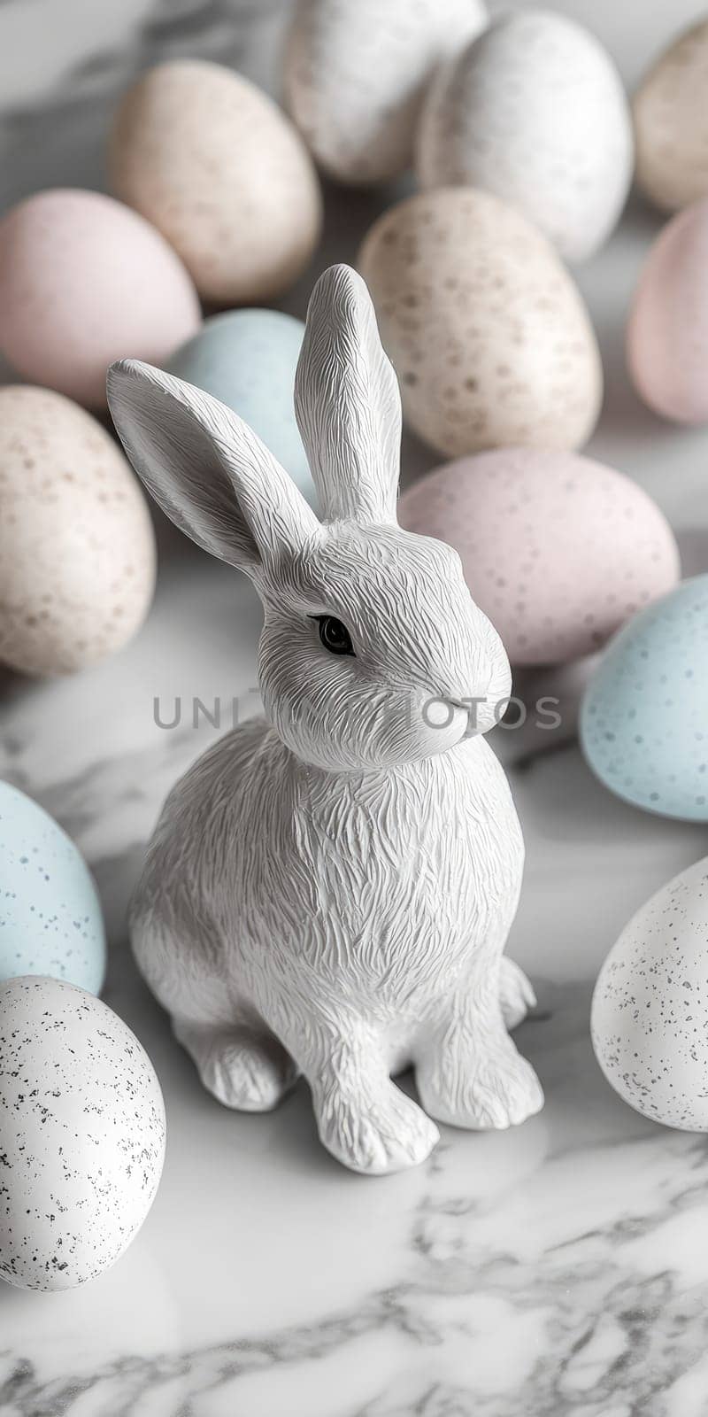 Easter celebration with pastel eggs and marble bunny decor for festive spring design.
