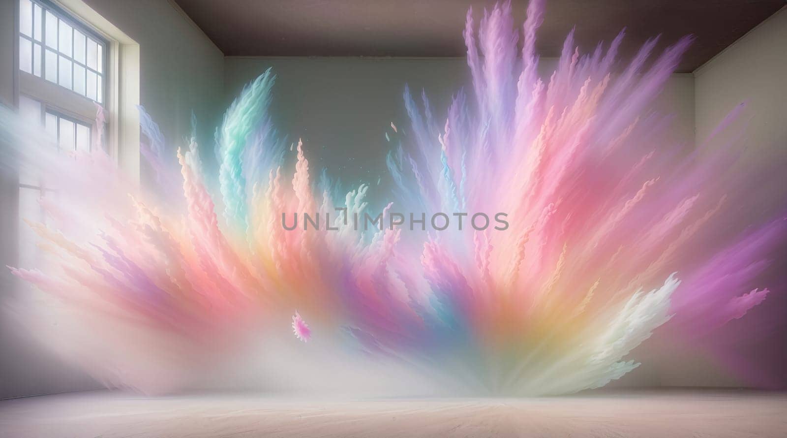 This captivating studio shot showcases a brilliant explosion of colorful powder, filling the room with a mesmerizing array of vivid hues, creating a dynamic and visually striking atmosphere.