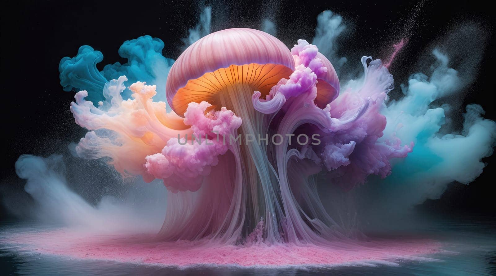 This vibrant abstract image features a mushroom cloud, bursting with vivid colors. Its surreal composition invites viewers to explore and imagine endless possibilities in a captivating way.
