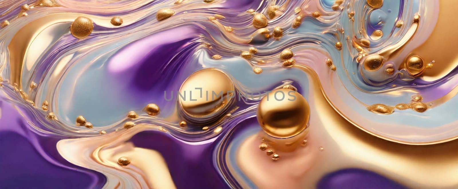 This image depicts multiple gold spheres floating on a smooth, creamy purple and blue liquid background. The scene has a surreal quality, representing concepts like luxury and abundance.