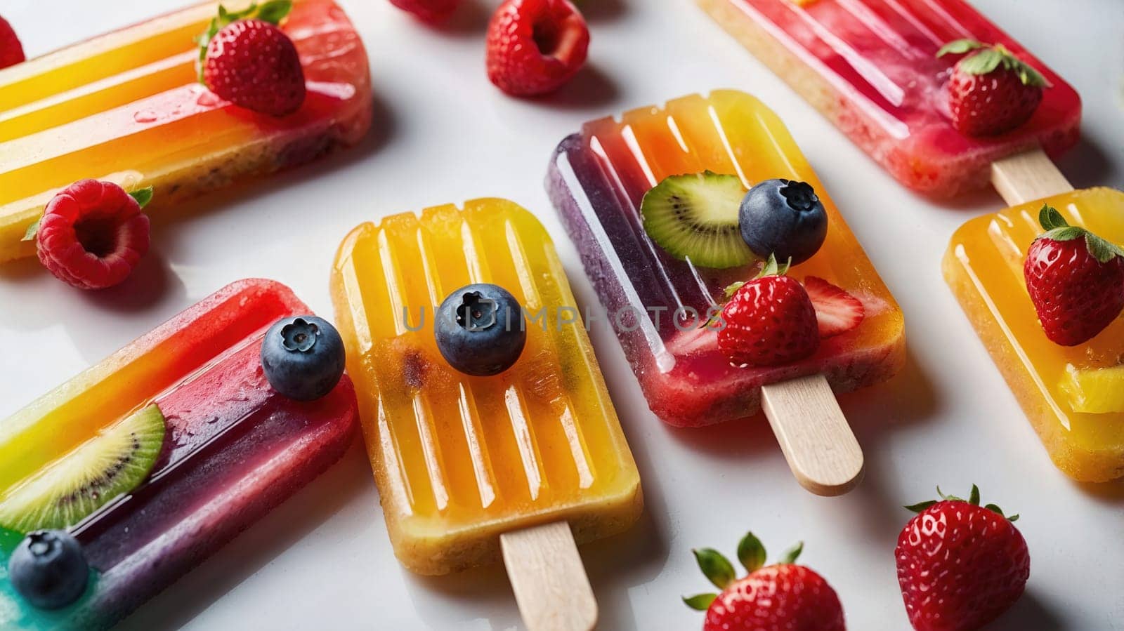 Close-up of vibrant rainbow popsicles featuring fresh fruit on a bright white background. These popsicles showcase colors like red, orange, yellow, green, blue, and purple.