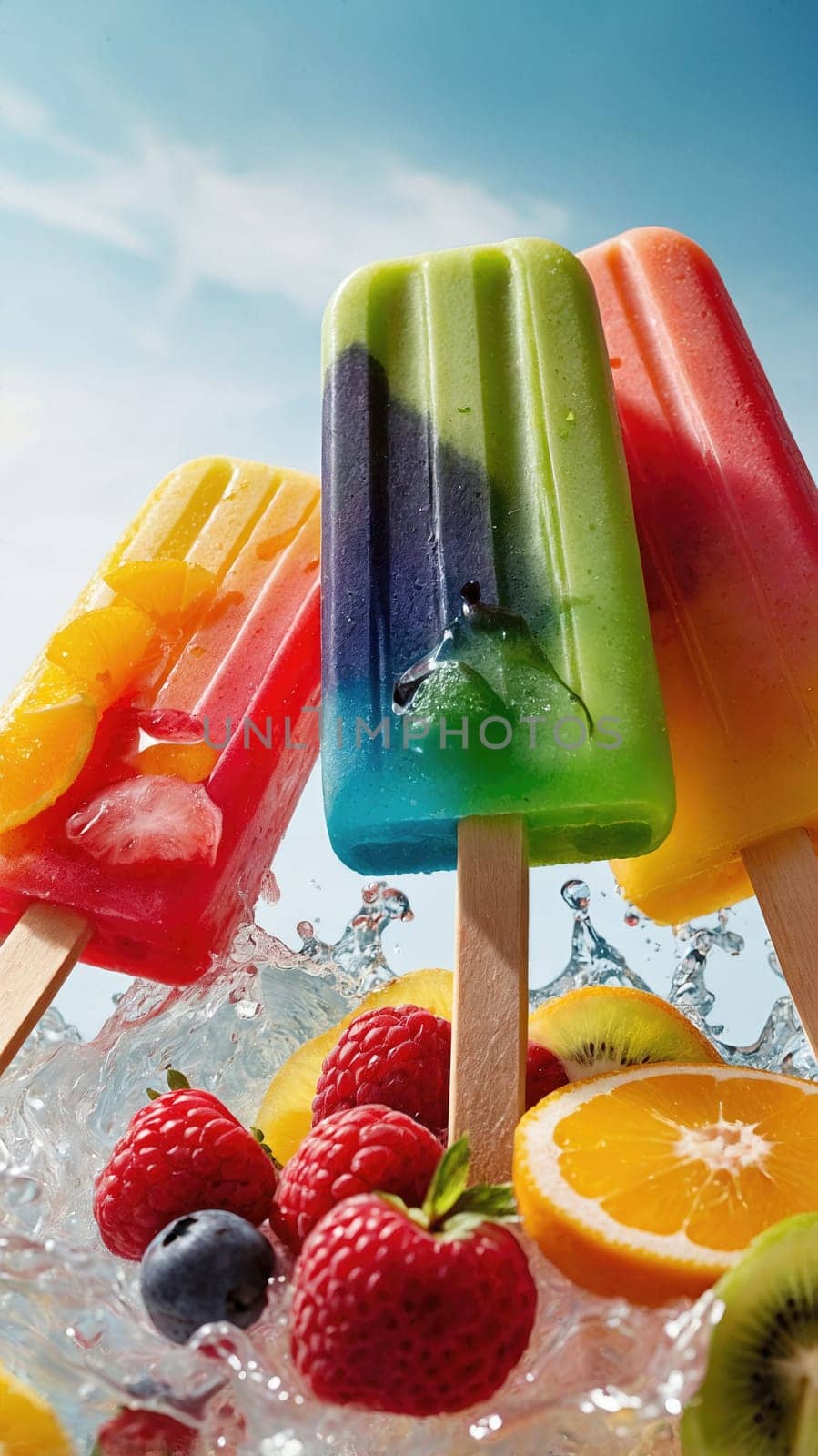 Three colorful popsicles on a blue background. The popsicles are in the shape of fruit and have bright, vibrant colors. The background is a clear blue sky with white clouds.