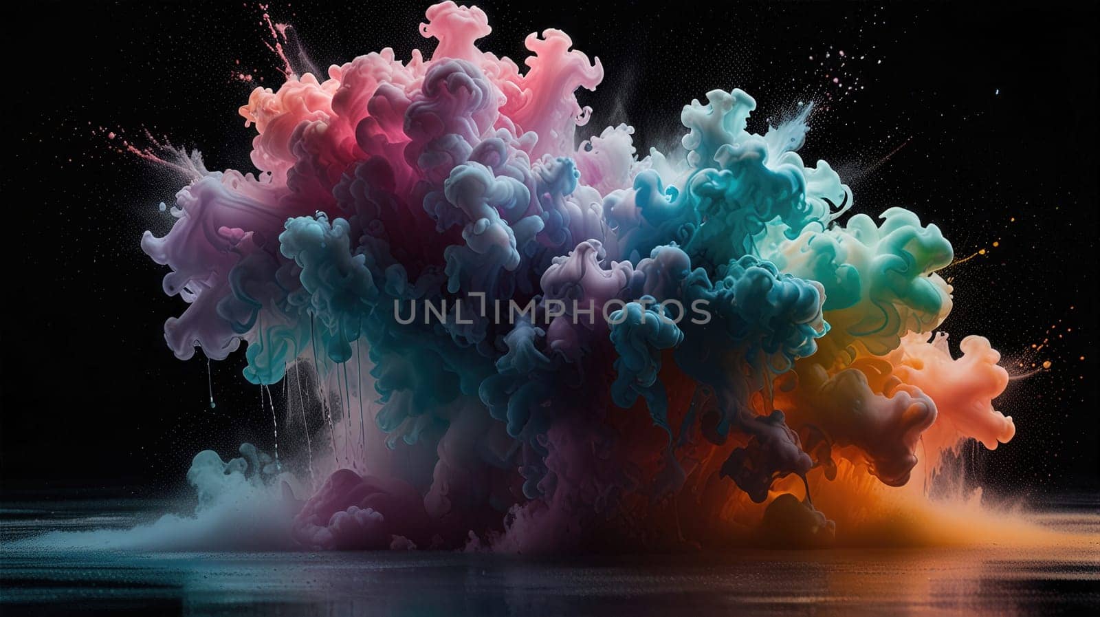 A vibrant explosion of colors bursts against a deep black background, showcasing a stunning display of colorful powder. This captivating image radiates energy and creativity for artistic projects.