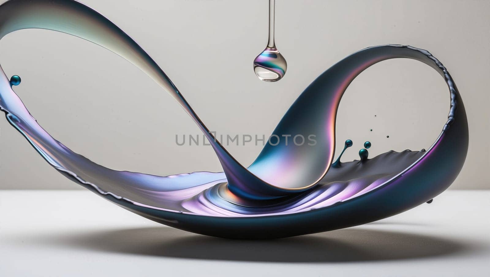 A multicolored paint splash on a white background with a single drop of paint falling from the center. The paint is forming an infinity symbol and has a metallic sheen.