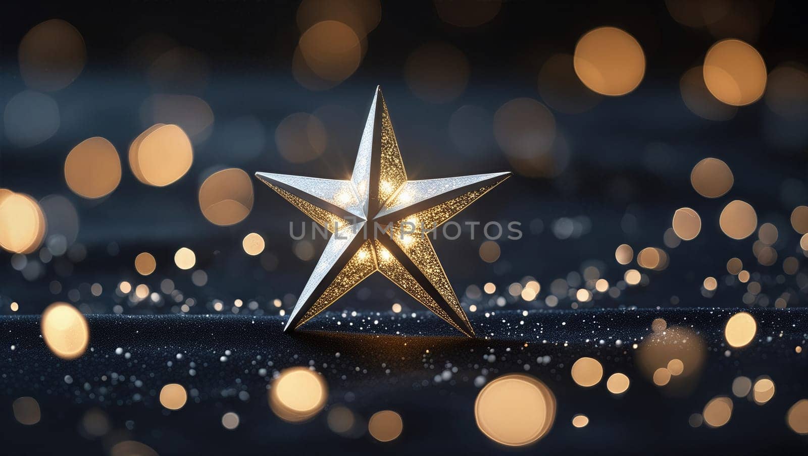 This enchanting stock image features a glowing silver star against a black velvet backdrop, beautifully enhanced by golden bokeh effects, making it perfect for festive and holiday-themed designs.