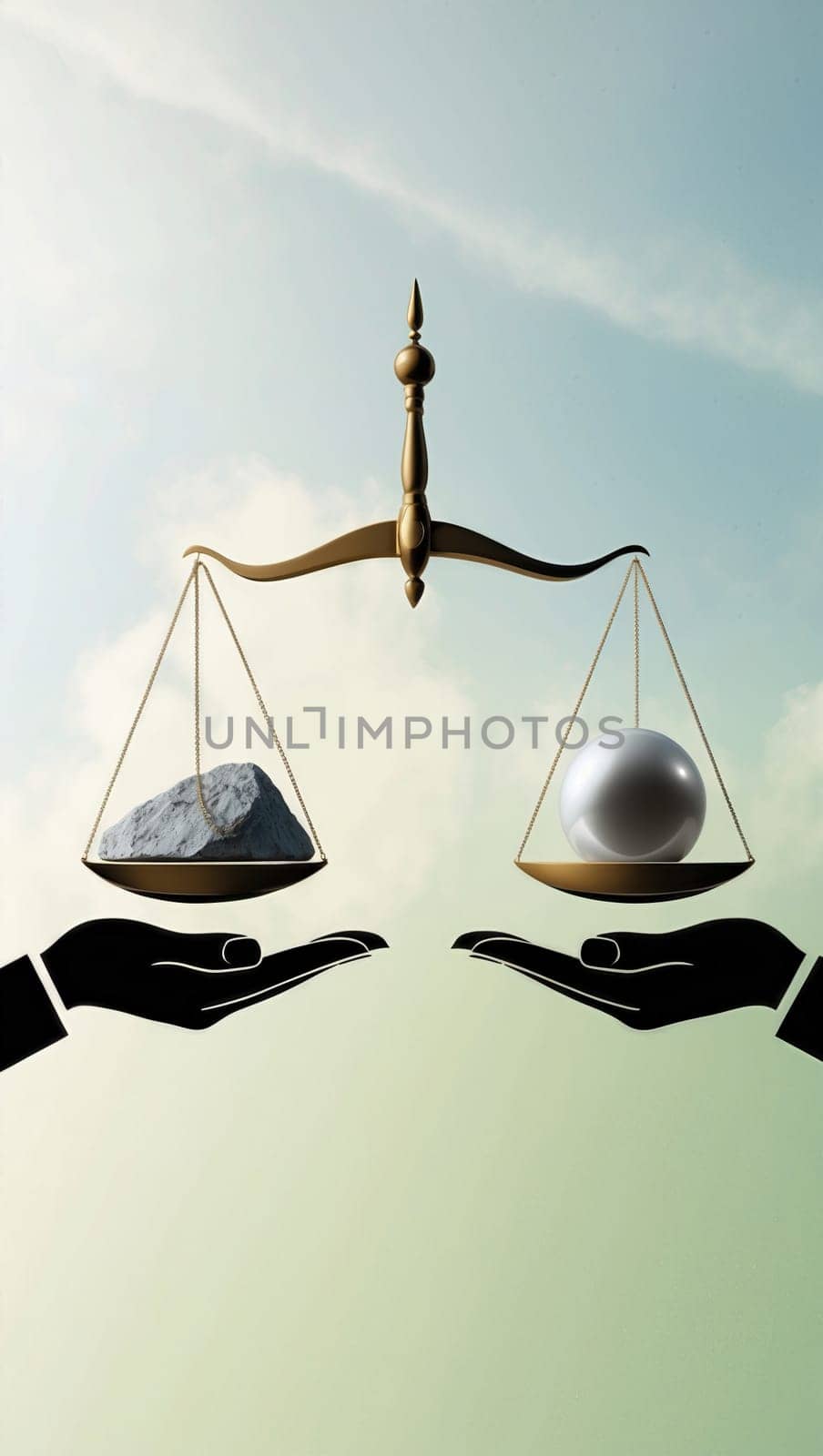 The scale is balanced with a rock on one side and a pearl on the other. The rock is gray and the pearl is white. The scale is held up by two black hands. The background is a blue sky.