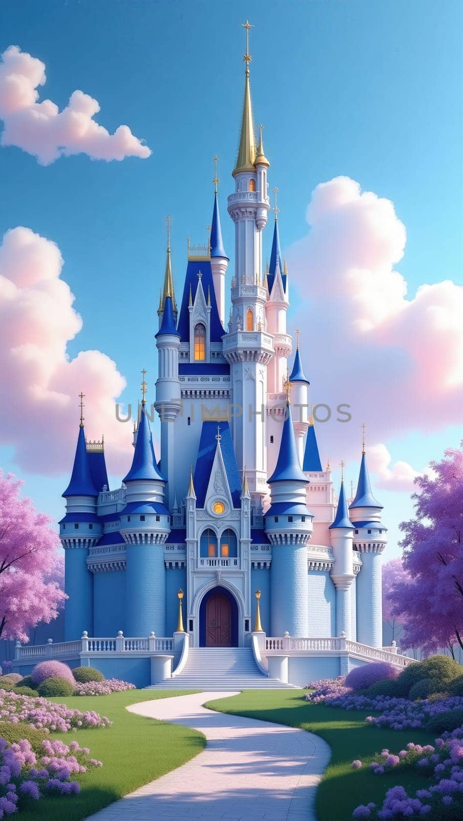 This is a magical castle with blue turrets and pink flowers in front. It is a beautiful and enchanting place that is perfect for a fairytale wedding or a magical adventure.