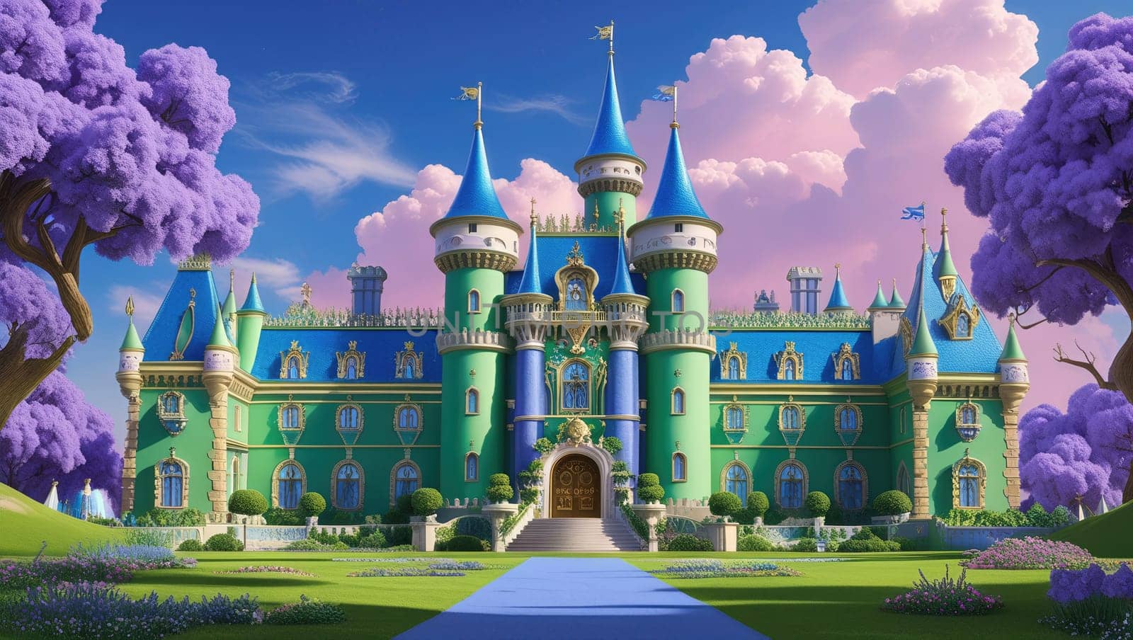 An enchanting digital illustration of a fairytale castle with a green exterior, blue and gold accents, and purple trees. Perfect for children s books, animations, or as a whimsical backdrop.