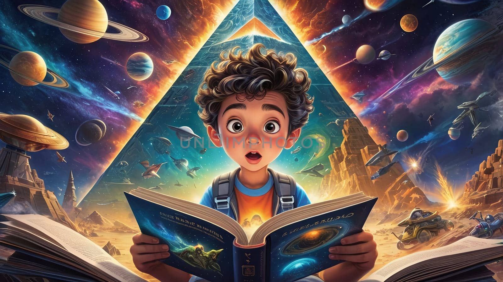 The boy is surrounded by colorful planets, shining stars, and imaginative spaceships. The illustration features a retro feel, showcasing a vibrant color palette that sparks curiosity and wonder.