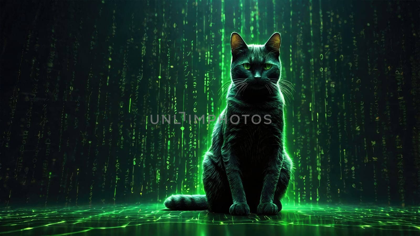 In a dark room, a sleek black cat sits gracefully amidst a cascade of bright green digital rain. Its piercing eyes gaze directly at the viewer, evoking a sense of curiosity and intrigue.