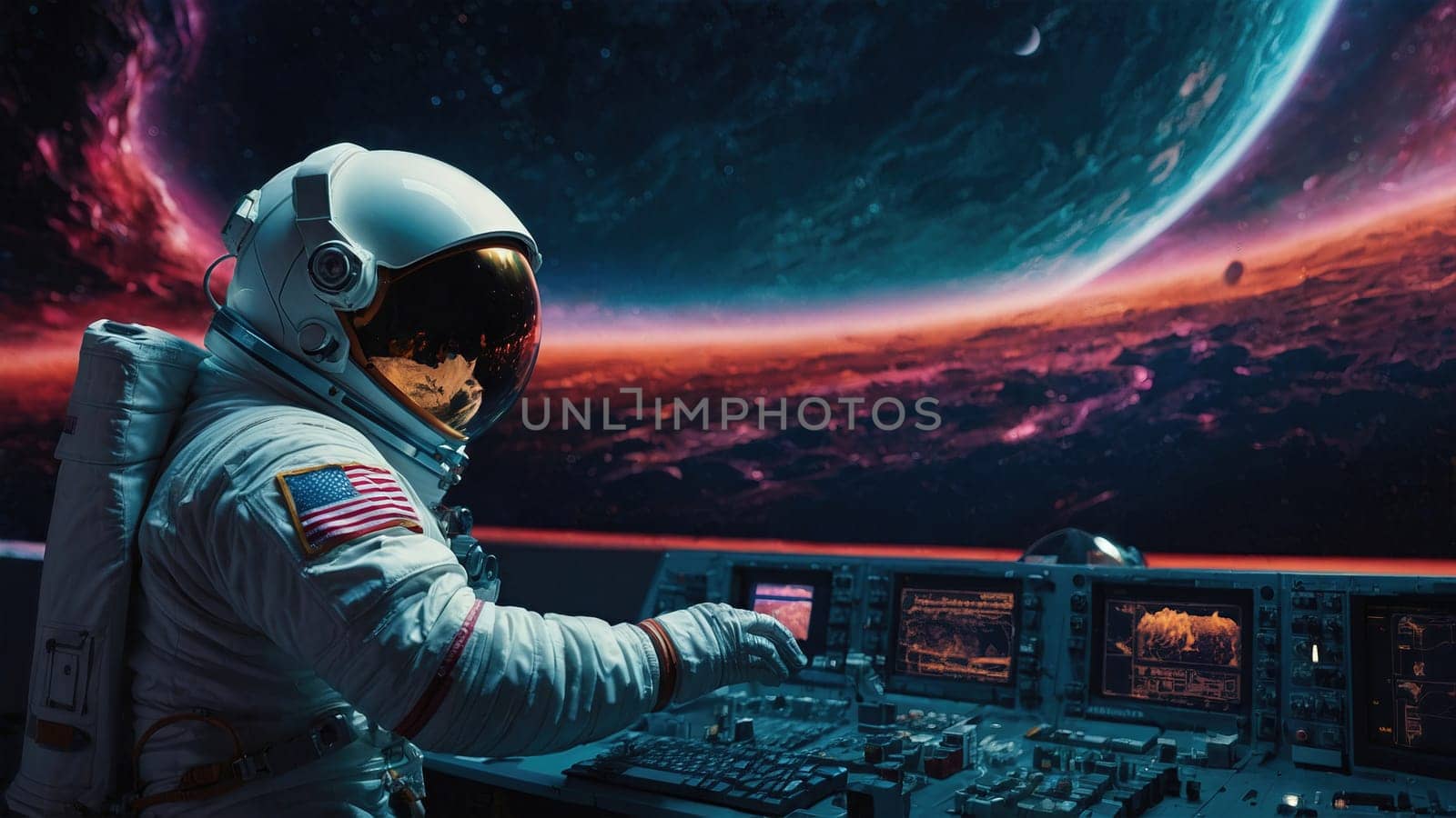 A detailed view of a futuristic spaceship cockpit, featuring an astronaut in a sleek spacesuit. Advanced technology and control panels create an engaging sci-fi atmosphere and exploration theme.