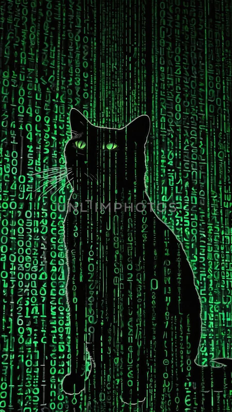 A mysterious black cat with glowing green eyes sits gracefully in front of an intricate green binary code background. The contrast creates an enchanting atmosphere, sparking curiosity and intrigue.