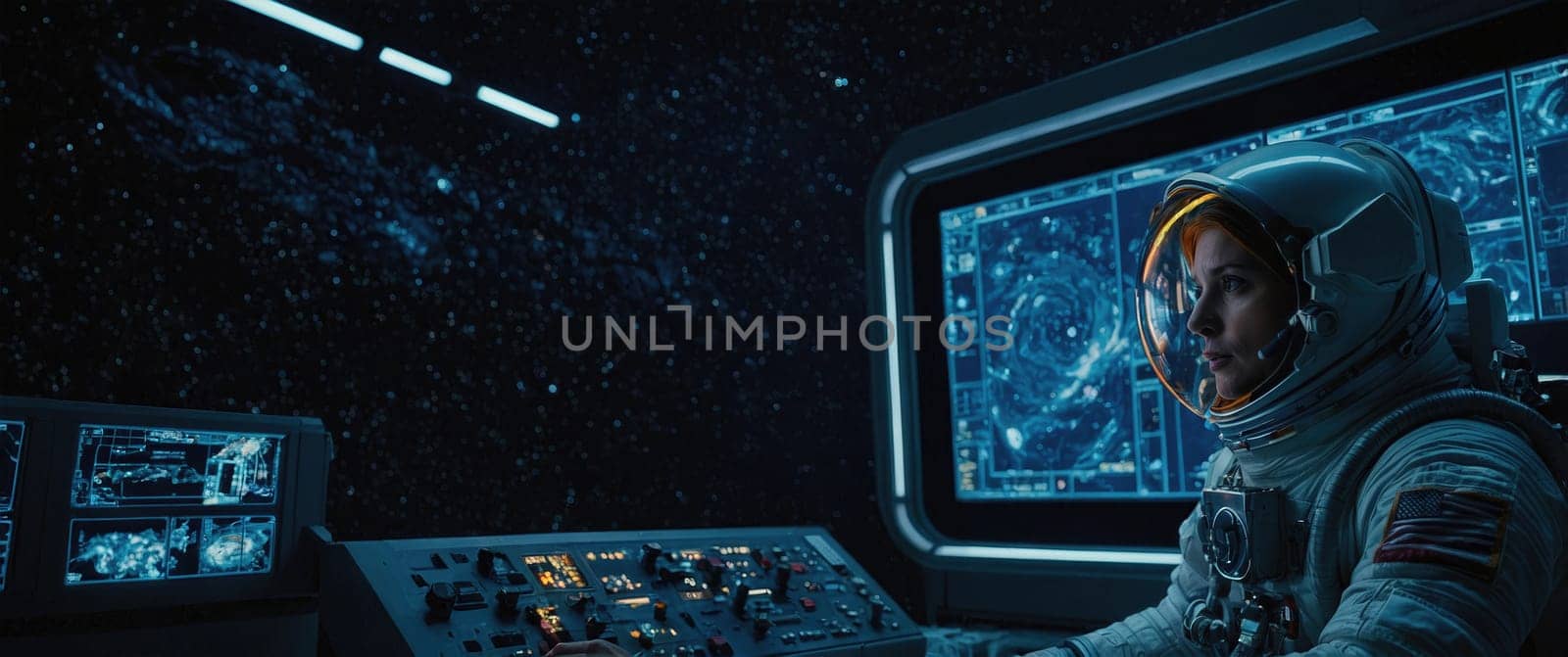 A female astronaut in a detailed spacesuit sits at the advanced control panel of a spaceship, intently looking at the vast expanse of stars and galaxies outside the window, contemplating the universe.