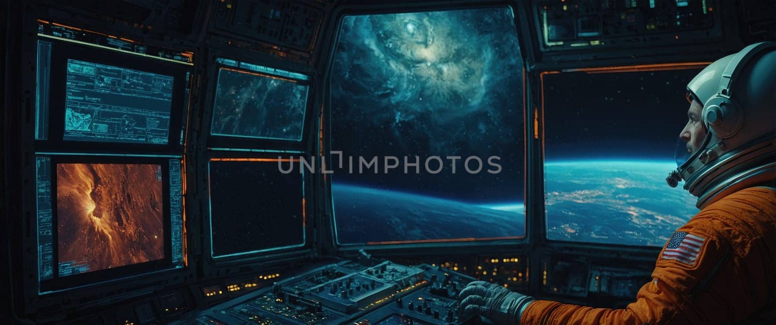 Futuristic spaceship cockpit featuring an astronaut in a spacesuit at the control panel. Screens display the Earth and a vibrant nebula. Image elements provided by NASA.