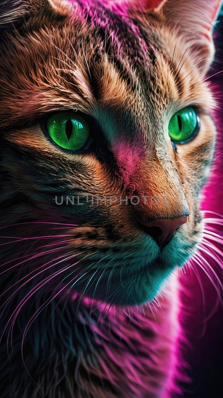 A stunning photograph of a cat with vibrant fur and mesmerizing green eyes. This unique feline captivates viewers and is perfect for various creative projects and animal lovers.