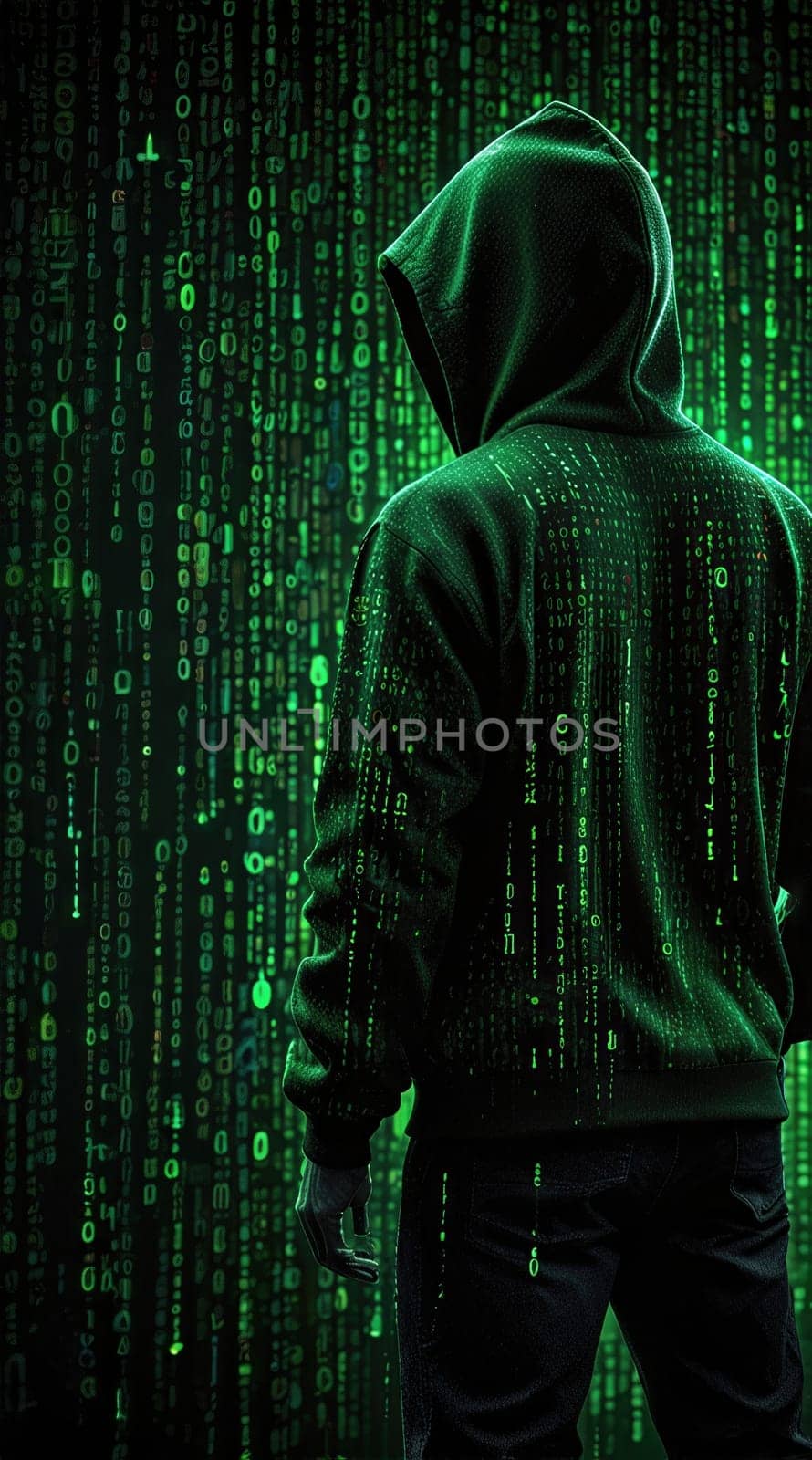 A person wearing a black hoodie stands with their back turned to the camera, facing a dark green background filled with glowing green binary code, symbolizing the world of hacking and cybersecurity.