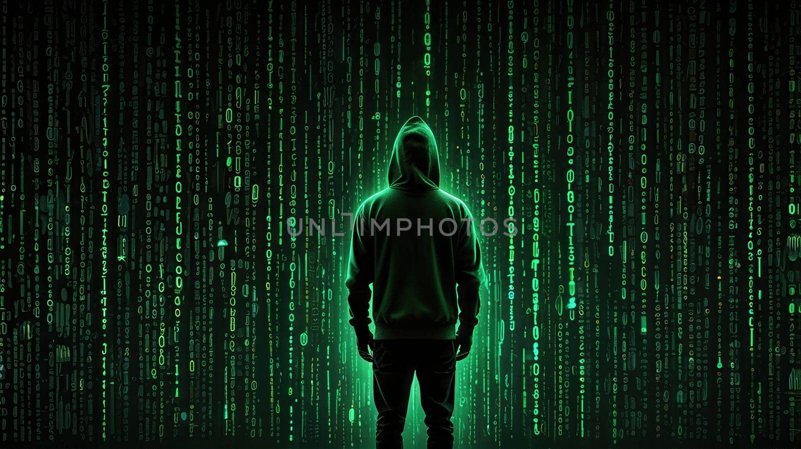 A person dressed in a hoodie stands with their back to the camera, immersed in a digital landscape of green binary code, symbolizing the enigmatic world of hacking and cyber security.