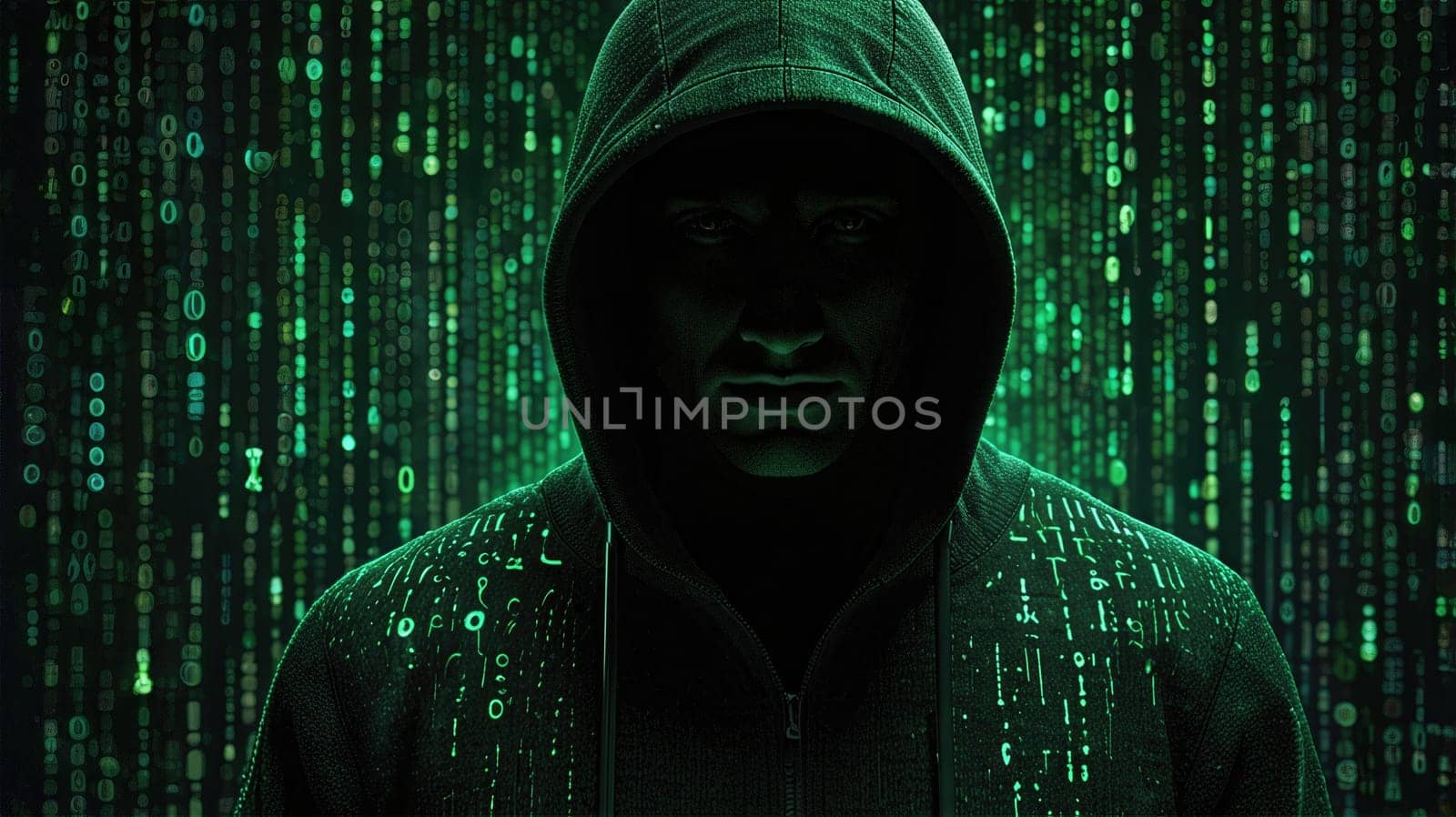 A person in a hoodie displays a binary code pattern projected on the front. Their face is partly concealed, and their narrowed eyes evoke a menacing and mysterious presence.