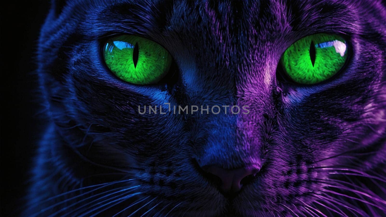 A close-up of a dark-furred cat with bright green eyes gazing into the darkness, creating an eerie and captivating effect. Its striking eyes are the focal point against the black backdrop.