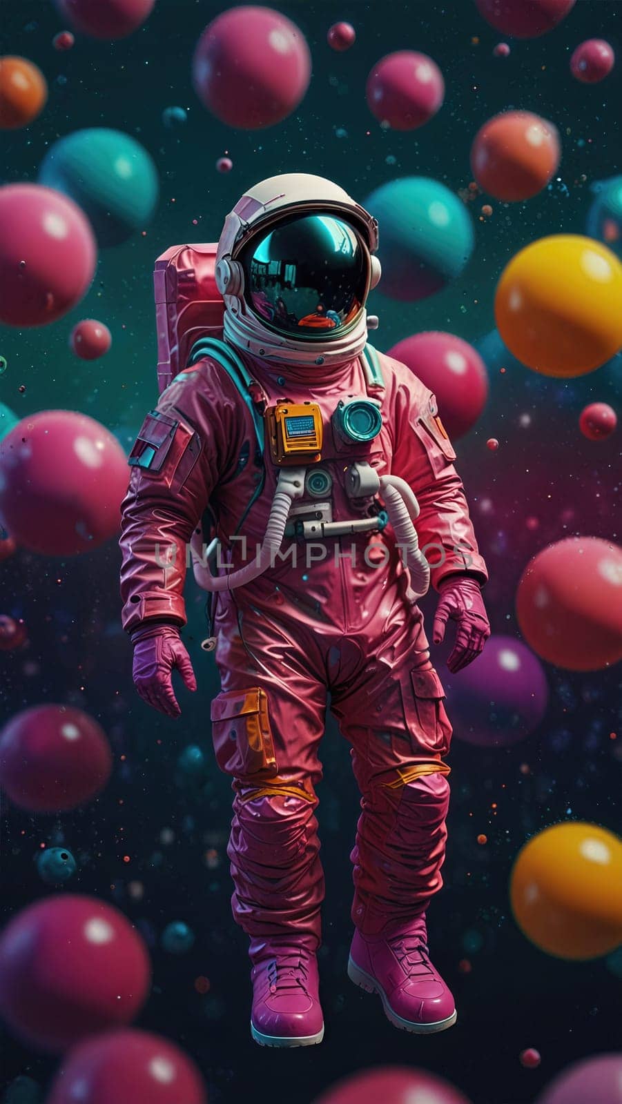 An astronaut in a bright pink spacesuit with a bubble helmet floats in colorful bubbles of blue, green, yellow, and pink, creating a whimsical scene perfect for space and science themes.