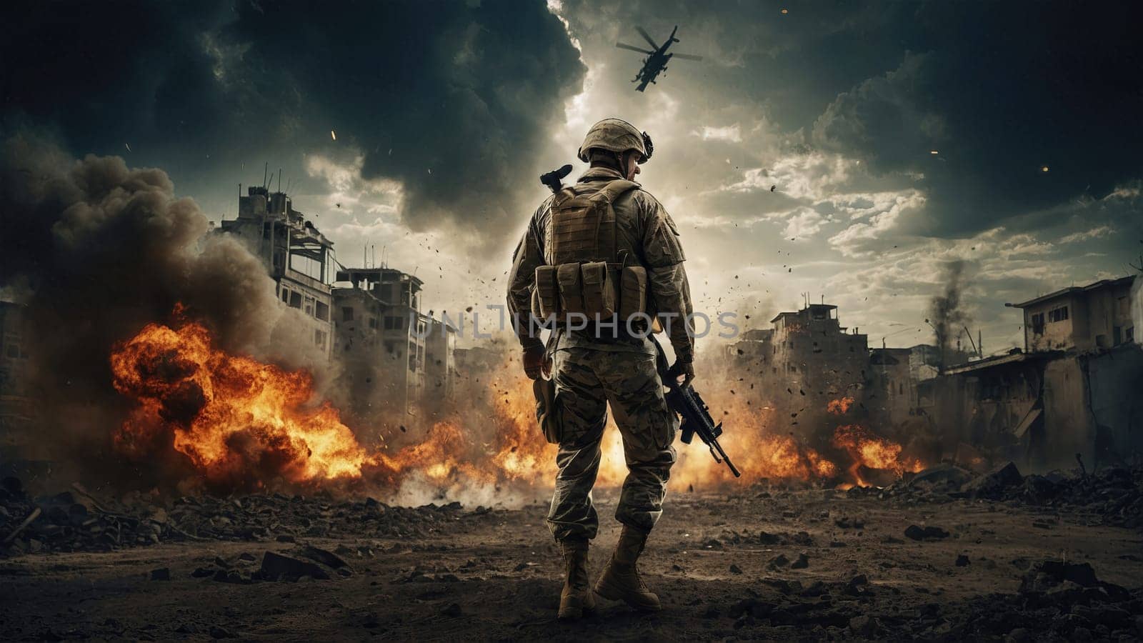 A soldier stands alone in a war zone, surrounded by explosions and debris. He wears a helmet and flak jacket, carrying a rifle, looking both tired and determined to continue fighting.