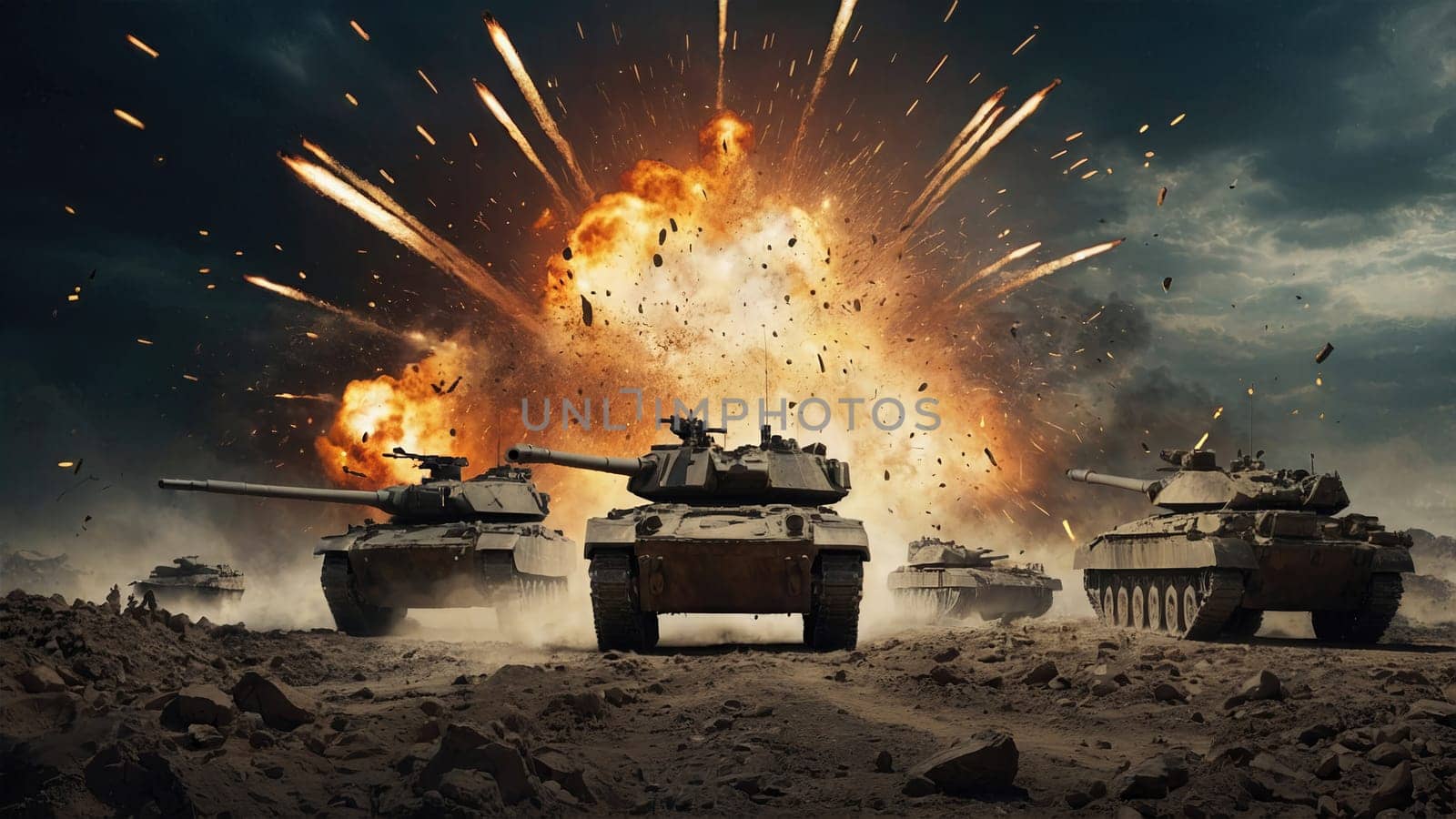A group of modern tanks advances across a battlefield with a large explosion behind them. The tanks are armed and poised to illustrate modern warfare, military strategy, and advanced weaponry.