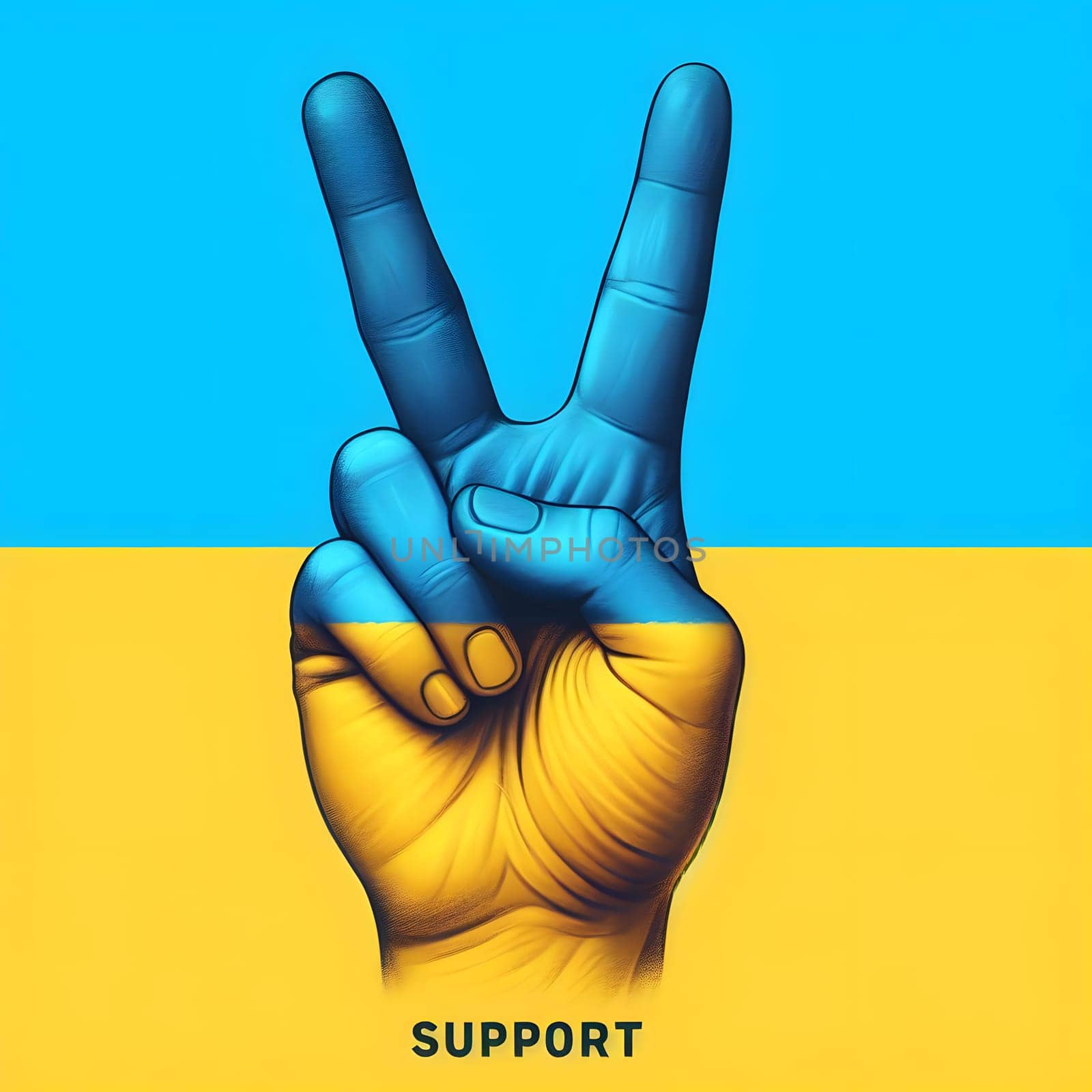 Hand making peace sign with Ukraine flag colors and "SUPPORT" text. Generative AI.