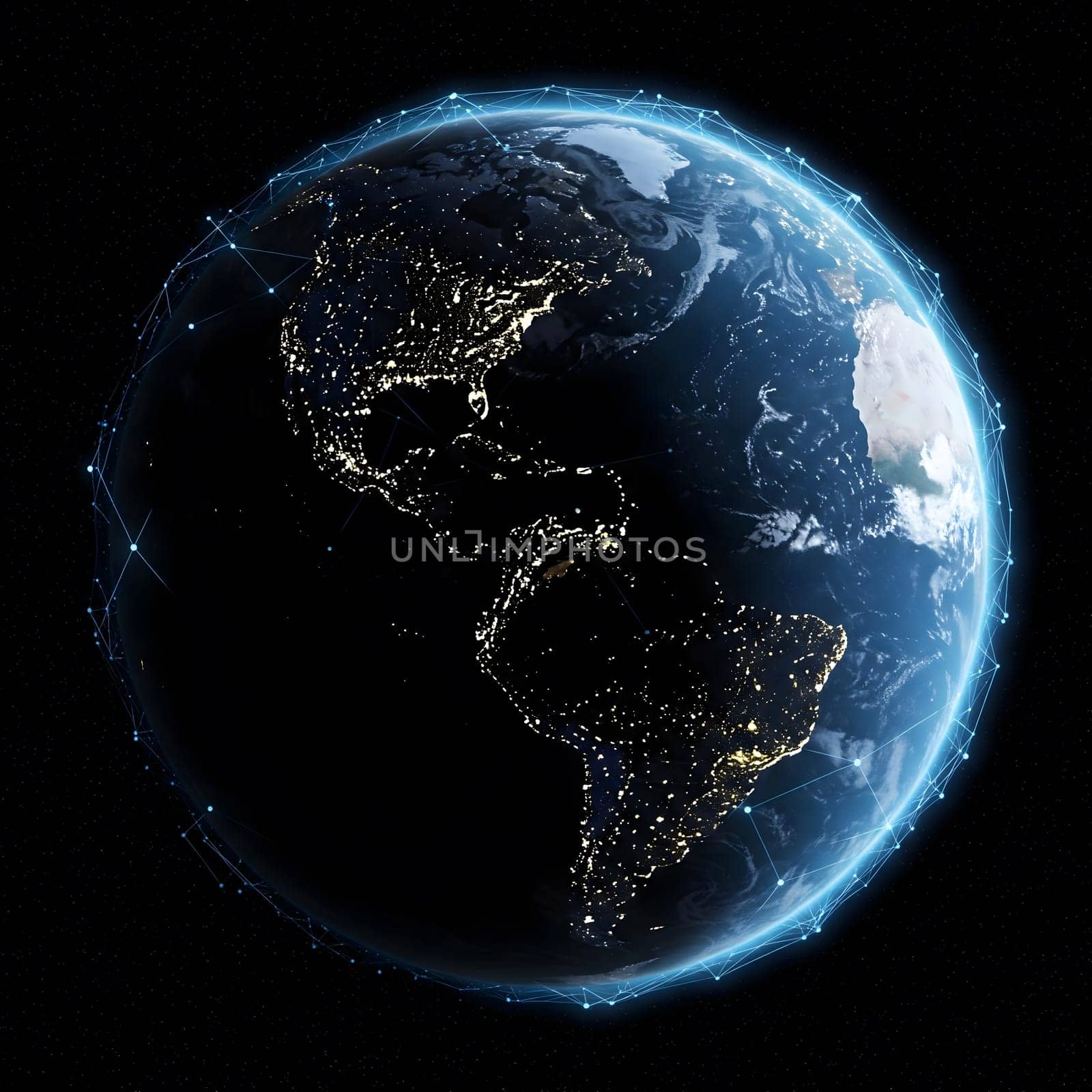 A digital illustration of Earth at night shows glowing cities and a network of illuminated lines, representing global communication. Generative AI